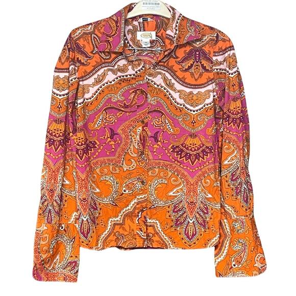 Talbots button front long sleeve shirt festive colorful orange pink statement M - Picture 1 of 5